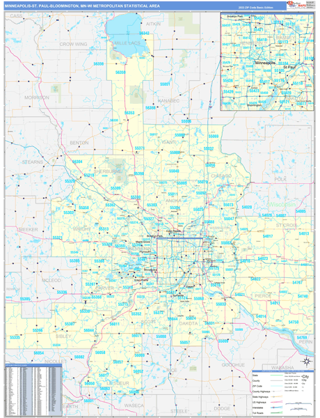 Minneapolis-St. Paul-Bloomington Metro Area Wall Map Basic Style